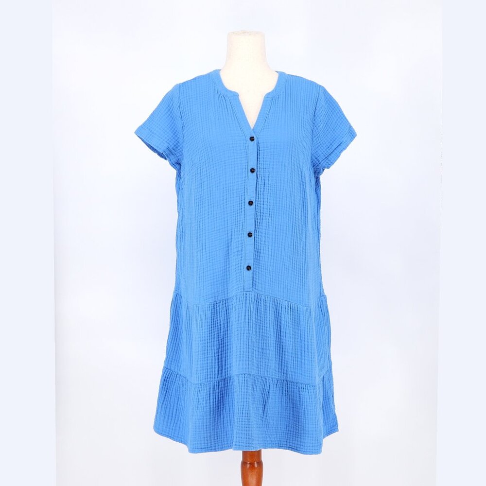 NWT J.JILL Cotton-Gauze Tiered Dress Front Button Short Sleeve in Cyan Blue MP - Picture 3 of 9